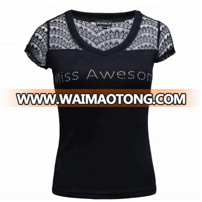 Cheap wholesale custom V-neck short sleeves women cloth stylish rhinestone black t-shirt with lace