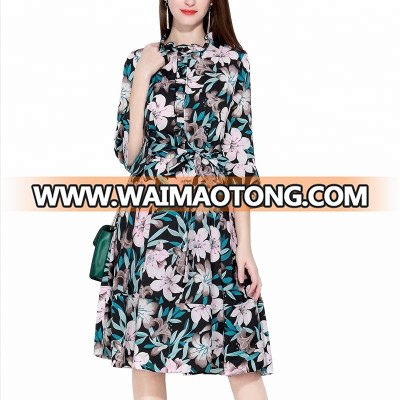 3/4 Sleeves Ruffle Dress Women Casual Floral Print Vestidos with belt