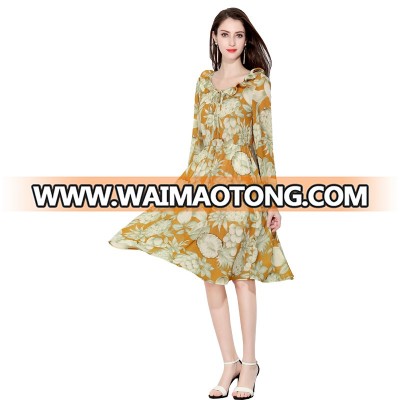 Classic Long Sleeves Floral Falbala Vestido Knee Dress for Women