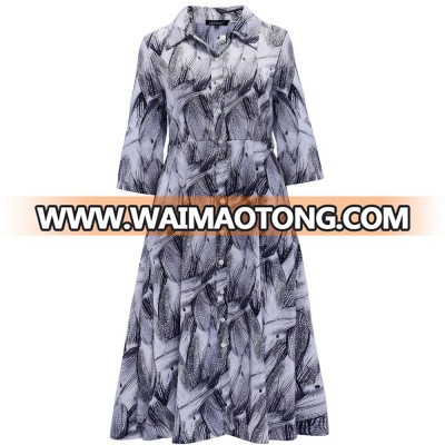 Women's Midi Floral Cicada Wings Pattern Spread Collar Button 3/4 Sleeve Chiffon Casual A-Line Dress with Pockets