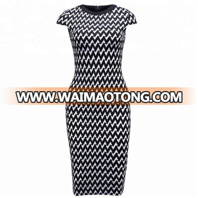 Office wear cap sleeves customized zig zag print casual clothing 95% polyester 5% spandex dress for woman