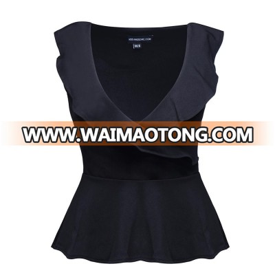 Wholesale V-neck Sleeveless Tshirt Ruffled Hem Solid Color Sexy Ladies Top