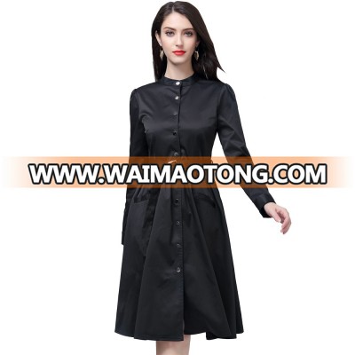 Women's Mock Neck Long Sleeves Button Down Belted Mid Length Casual A-line Dress with Pockets