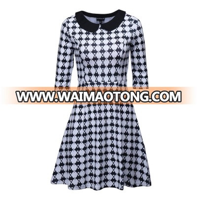 Digital print black and white three quarter sleeves women casual dress with collar