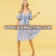 Fashionable New Design Short Sleeve Cold Shoulder V Neck Cotton Linen Striped Midi Dress Women